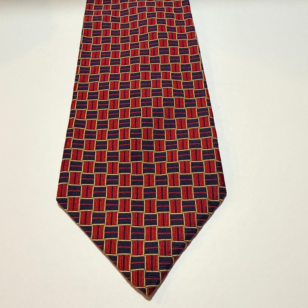 The Custom Shop Silk Tie Red Navy Gold Ivy League Geometric Basketweave Preppy